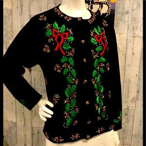 Vintage black Holiday cardigan with beaded and embroidered details.
